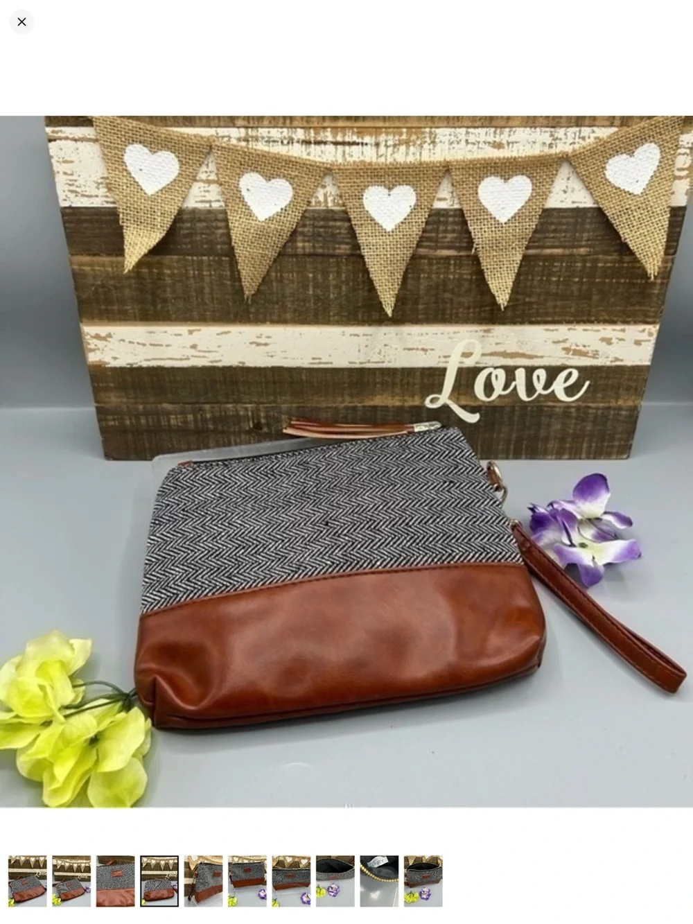 ✨Herringbone & Brown Faux Leather Wristlet Clutch